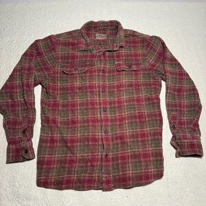 Orvis Heavyweight Plaid Flannel Button Down Shirt Maroon Green Size L